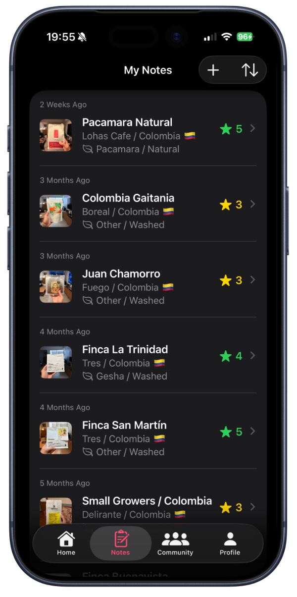 My Notes screen — coffee tasting journal